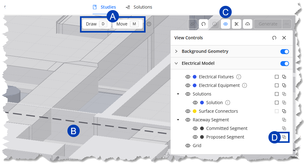 User interface showing drawing and moving tools for electrical modeling and view controls.